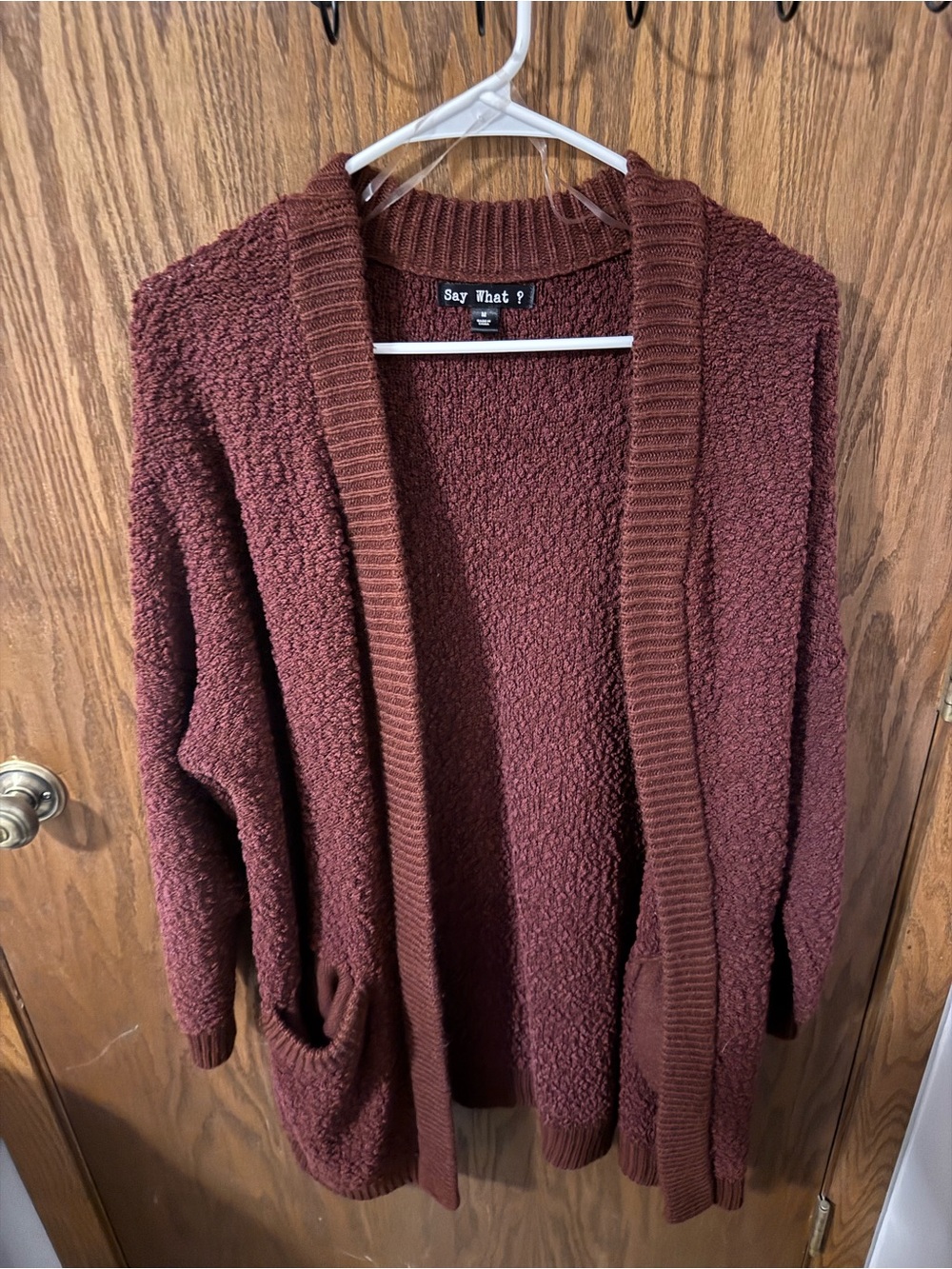 Say What? Women's Maroon Open-Front Textured Cardigan